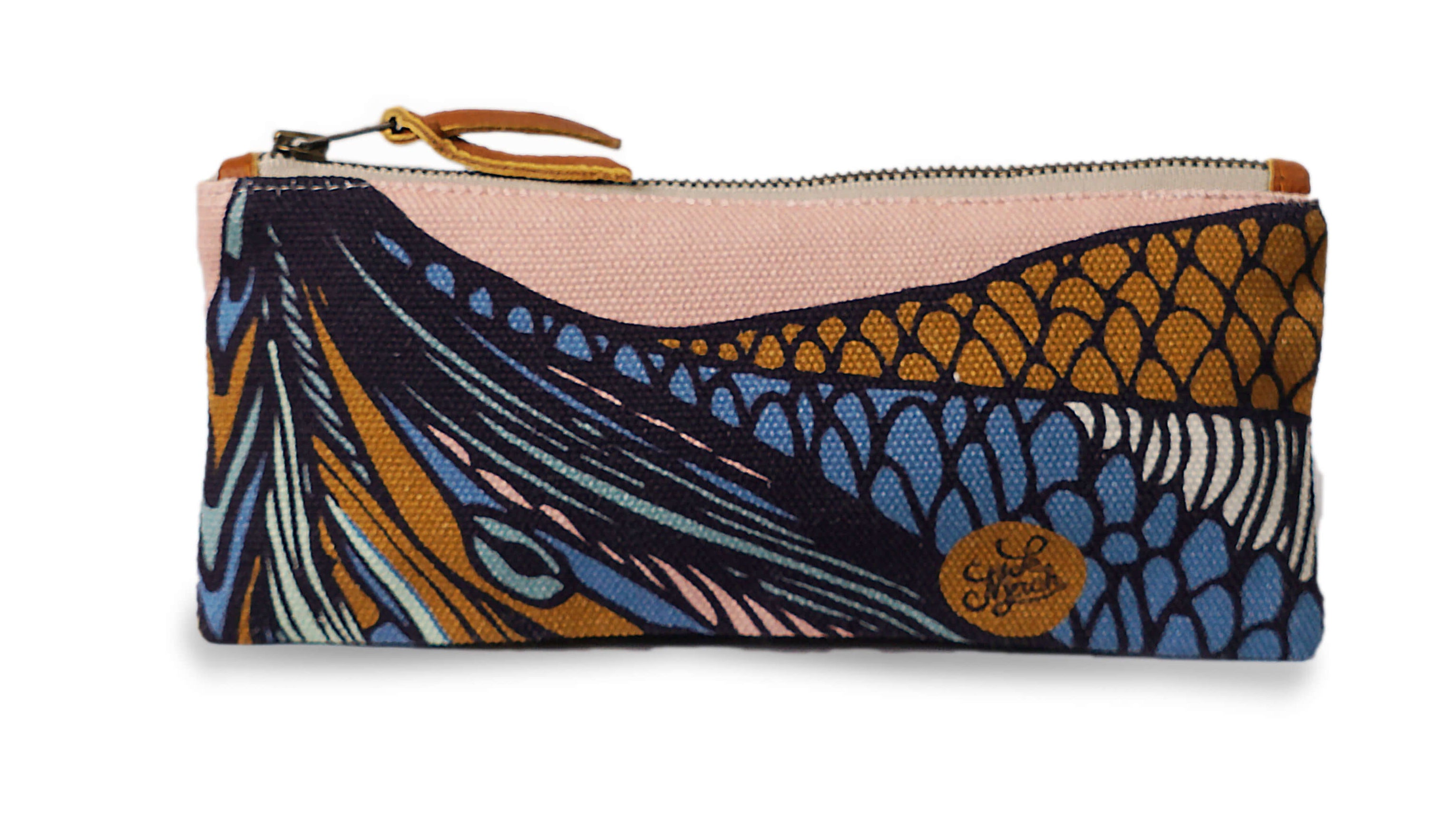 pencil case. Colorful patterned pouch with a visible brand logo on a white background