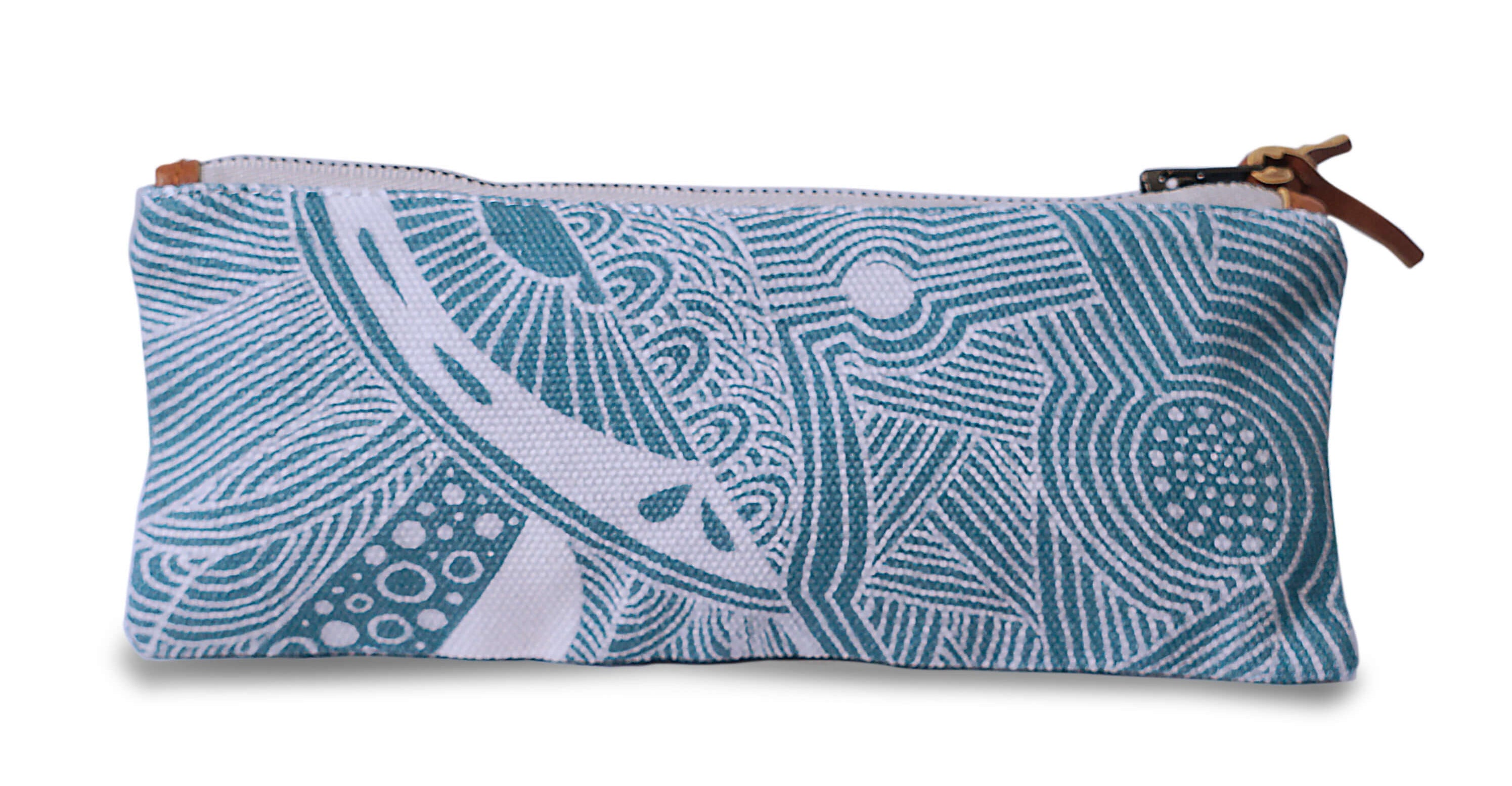 Pencil case. Blue and white patterned pouch with a zipper on a white background