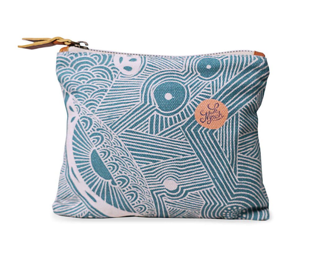 Patterned pouch with a visible brand logo on a white background