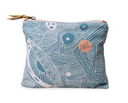 Patterned pouch with a visible brand logo on a white background