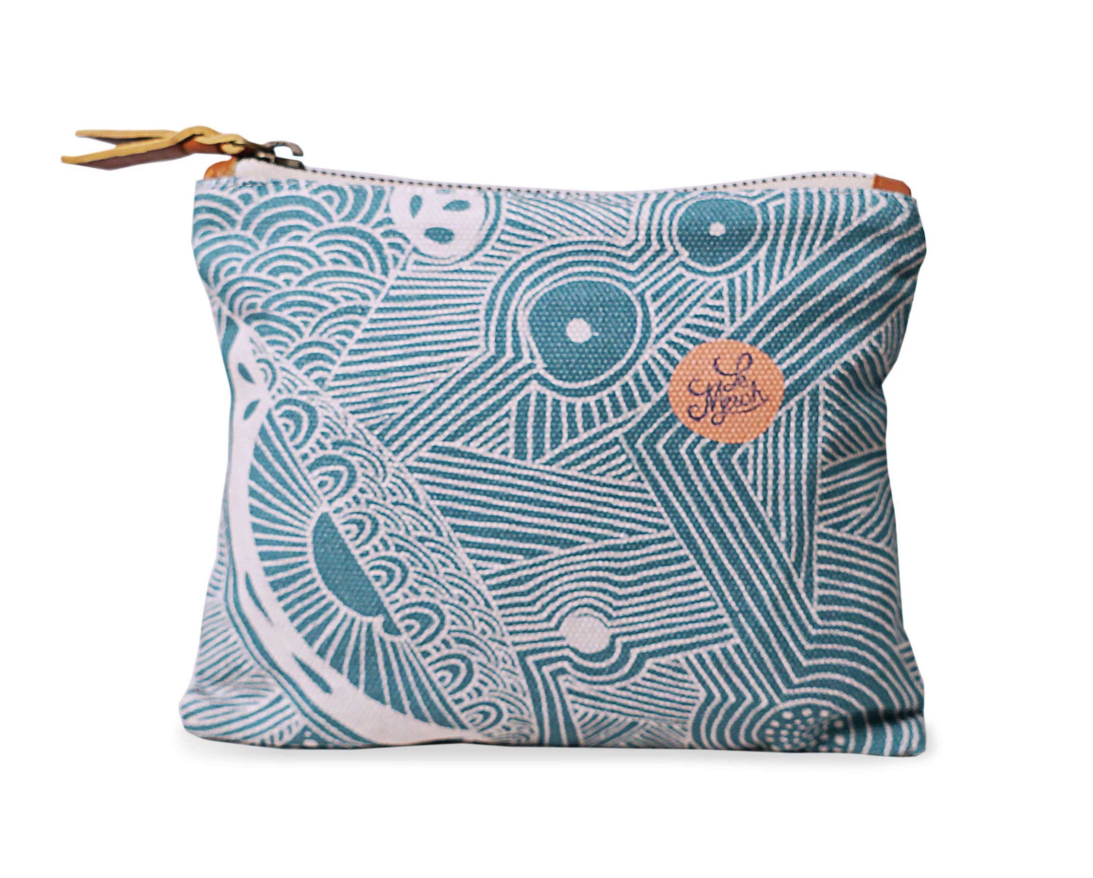 Patterned pouch with a visible brand logo on a white background