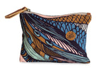 Colorful patterned pouch with a brand logo on a white background