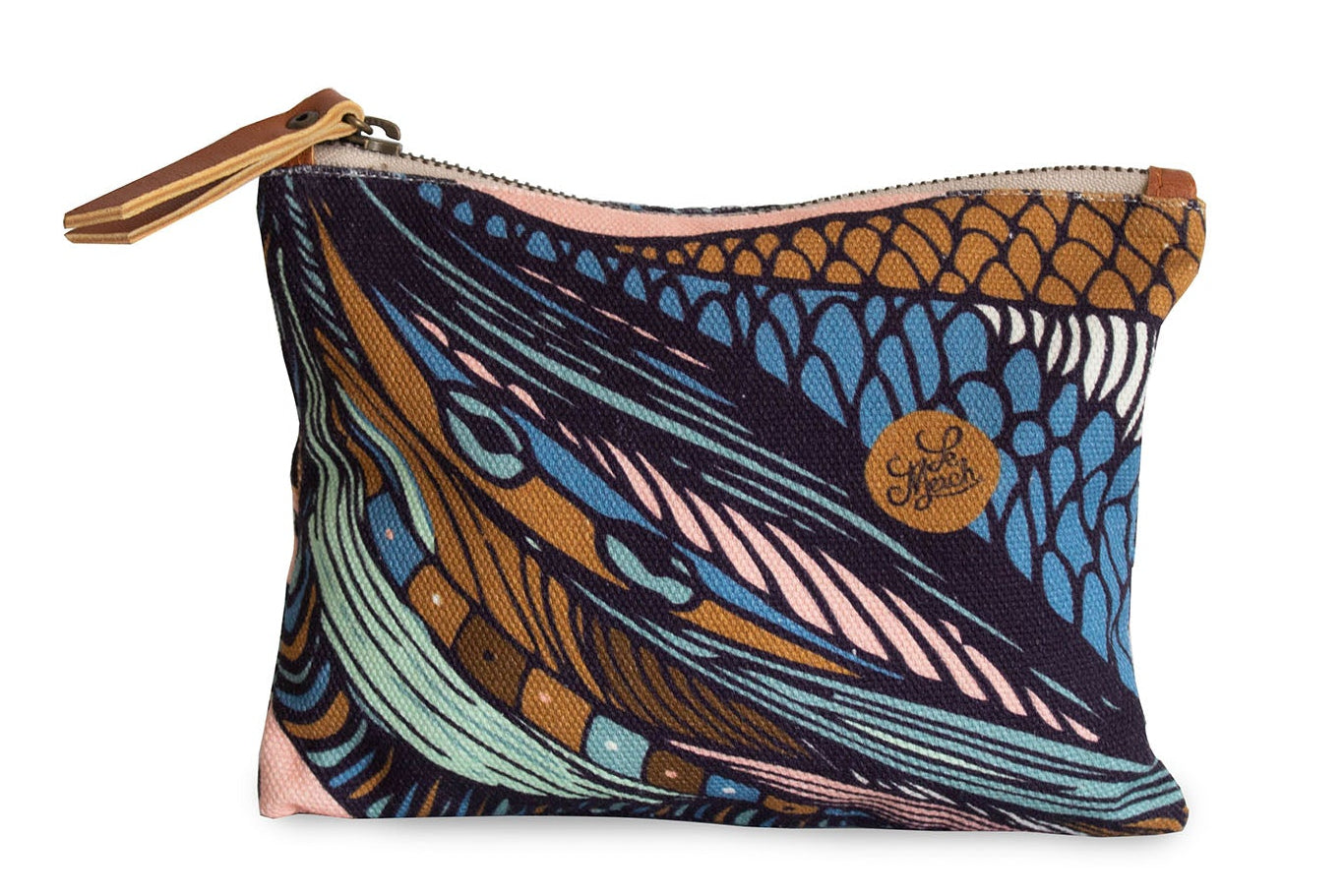 Colorful patterned pouch with a brand logo on a white background