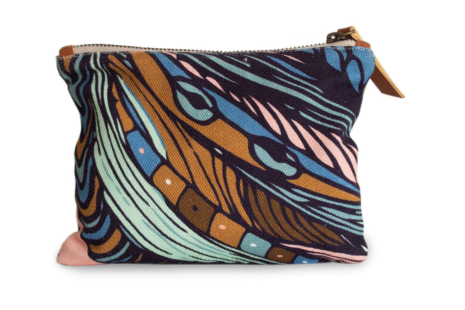 Colorful patterned pouch with a zipper on a white background